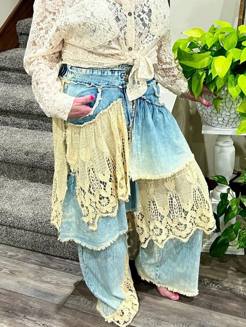 A Rare Bird Boho Chic Frayed Denim & Crochet Lace Layered Skirt Pants XL - Picture 2 of 11